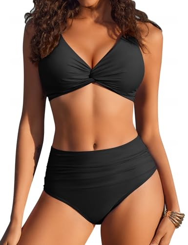 Ekouaer High Waisted Bikini Set for Women Sexy Halter Neck 2 Piece Swimsuit Black S