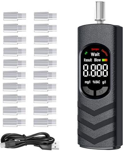 pewpuny Breathalyser Alcohol Tester (Breathalyzer) - USB-C Rechargeable Digital LCD Breath Alcohol Tester with Semiconductor Sensor, 20 Mouthpieces, Portable for Home, Car & Party, BAC