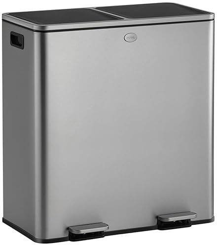 HÜSQ Poubelle 60 litres (2 x 30), grande poubelle à pédale pour la séparation des déchets, 2 compartiments et seaux intérieurs, poubelle à fermeture douce, poubelle hermétique - Duo Poubelle en acier