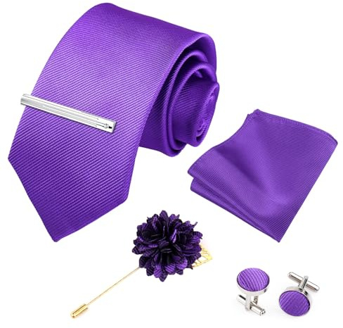 Xynovate Corbatas de Hombre, Corbata de Sarga de Color Sólido Incluye Gemelos Cuadrados de Bolsillo, Pinza de Corbata y Broche de Flores para Fiestas, Negocios, Bodas