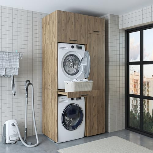 ROOMART Armoire de machine à laver 112 cm - Meuble de machine à laver pour machine à laver et sèche-linge, armoire tour de lavage, armoire superposée en 3 couleurs (chêne, V2 -HBT : 240 x 112 x 67 cm