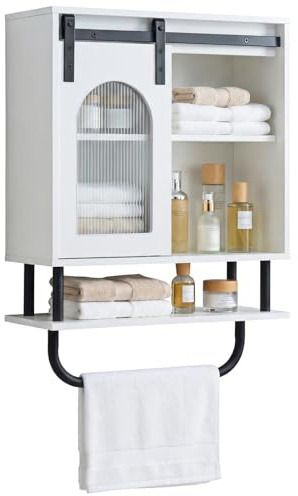 COSTWAY Badezimmerschrank hängend, Badschrank mit Handtuchhalter & offener Ablage, Hängeschrank Wandschrank Holz, wandmontierter Medizinschrank mit Schiebetür, Aufbewahrungsschrank, 50x20x70 cm, Weiß