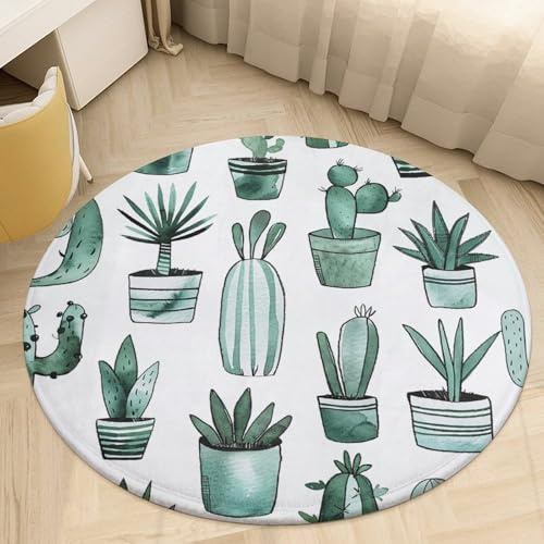 Round Cacti and Succulents Area Rug Absorbency Non-Slip Floor Mat Rug Soft Coral Velvet Indoor Circle Carpet Low Pile Floor Mat Stain-Resistant Carpet for Bedroom Office 80 * 80cm