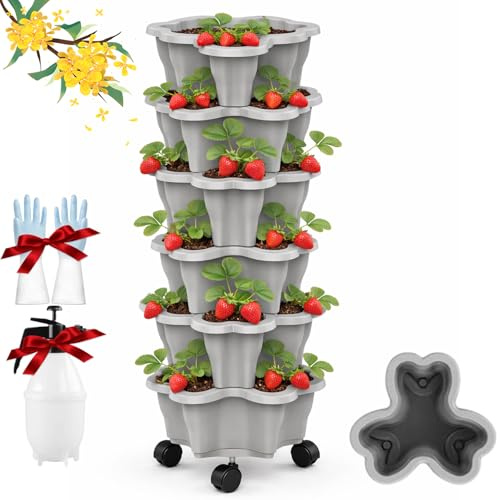 EastHedge Macetas para Fresas,Estantería Vertical Apilable De 6 Niveles con Ruedas, Resistente a La Intemperie, Ahorra Espacio, Ideal para Cultivar Fresas y Verduras En Balcón o Terraza