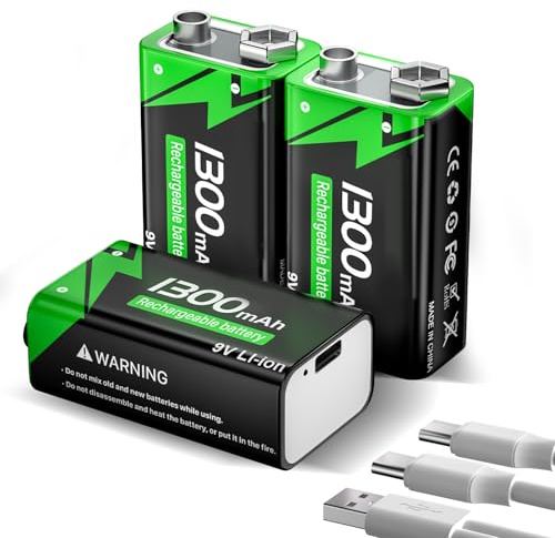Piles 9V Rechargeables, 9 Volt Piles Carrées Lithium-ION Batteries avec Port de Charge USB-C Rapide pour Microphone, Détecteur de fumée, Jouets électroniques etc (Lot de 3)