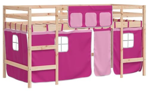 HETFTJN Kinderhochbett Rosa aus massiver Kiefer 90x190 cm mit Vorhängen Spielbett Einzelbett Raumsparbett für Kinderzimmer ab 6 Jahren
