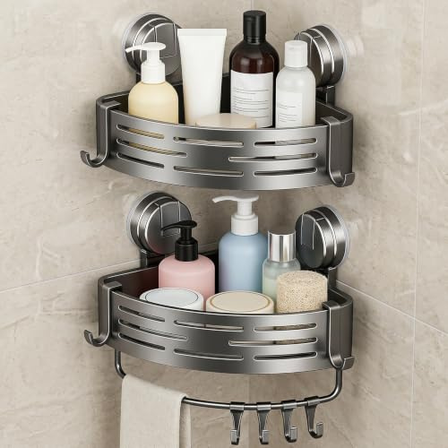 Estantería de ducha sin perforación con ventosas potentes, estantería de ducha de esquina con ventosa, estantería de baño con toallero, estantería de esquina para baño, estantería de ducha