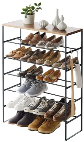 YAMAZAKI 3370 TOWER 6Tiered WoodTop Shoe Rack, black, Steel/Wood, 66 x 25 x 87 cm