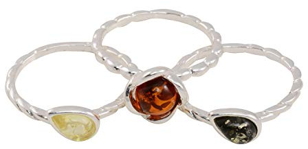 HolidayGiftShops Set of Three Sterling Silver and Baltic Multicolored Amber Adult Rings- Size 6