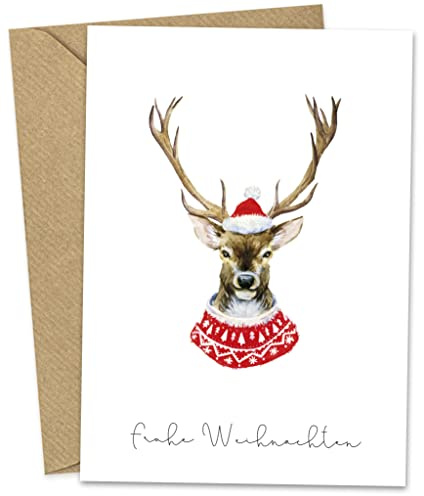 KOKO&LORA® Weihnachtskarten mit Kraftpapier-Umschlägen (3er Set) - Premium Grußkartenset mit Natur-Kuvert - moderne, weihnachtliche Karten • Hirsch