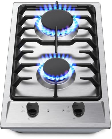 Eascookchef Fornello a gas Top 2 bruciatori, piano cottura a gas incorporato da 30,5 cm, piano di cottura a propano in acciaio inox, convertibile NG/GPL, bruciatore a gas a goccia, stufa a gas a 2