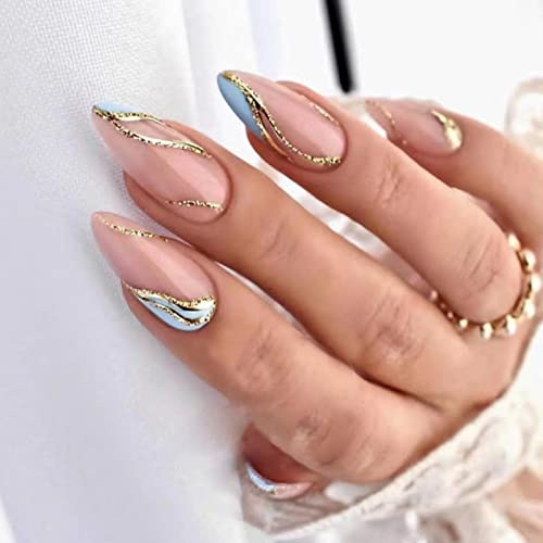 JUSTOTRY 24 Stück Gold Glitzer Wavy Mandel Nägel Zum Aufkleben Kurz,Babyblau French Press on Nails,Pretty Nude Stiletto Kunstnägel Fake Nails,Fingernägel Künstliche Nägel Mittel für Frauen