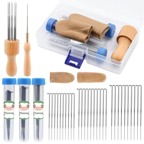 3 Stück Nadelfilz Starterset Nadelfilzzubehör mit Filznadeln in 3 Größen | Filznadelgriff aus Holz, Nadelfilz-Starter-Set, ideal für Anfänger oder Profis