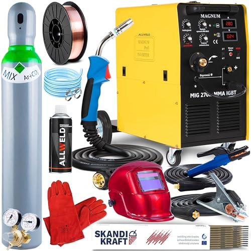 MAGNUM MIG 270 W MMA IGBT Schweißgerät MIG MAG mit 4-Rollen-Drahtvorschub für 15kg Drahtspulen - Mit 2T/4T, Induktivität, Lötschweißen und MMA - 400V - 280A - Set: Professional Plus