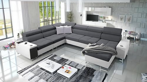 All4All Ecksofa mit Schlaffunktion Margo VIII 360x284 cm - Schlafsofa mit Bettkasten - Wohnlandschaft in U-Form - XXL Sofa - Seite rechts - Gewebe mit Kunstleder - Dunkelgrau/Weiß - Modern 26