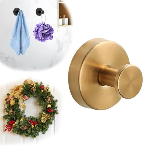 Suction Cup Hooks for Halloween & Christmas Wreath - No Drill Suction Cup Hooks for Shower Hanging Towels, Stainless Steel Wreath Hanger Holder for Glass Window Door Bathroom Mirrors (Gold, 1 PCS)