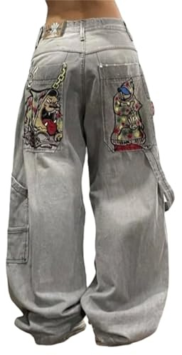 tinetill Larghi Jeans Donna Y2K Harajuku Jean Lettera Stampa Denim Pantaloni Gamba Dritta Vintage Hip Hop Jeans Pantaloni Casual con Tasche Jeans Casual Allentati E-Girl Streetwear
