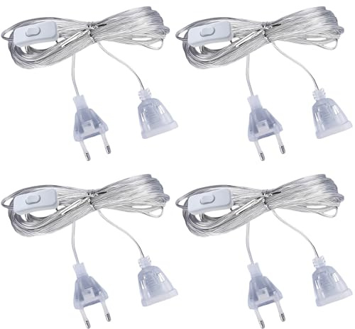 GAOUTO 4 Stück Verlängerungskabel Transparent, 5M 220V Extrem Dünne Flache Kabel, Transparent Eurostecker Verlängerung mit Schalter und Stecker für LED-Laternen und Den Außenbereich