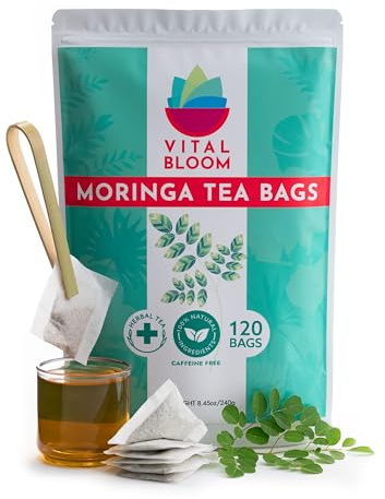 Vital Bloom 120 Tea Bags Moringa Tea, 100% Natural Moringa Leaves Herbal Tea, Supporting Digestion & Immune System - Bleach Free Tea Bags, Non-GMO (Free Bamboo Tongs Included)