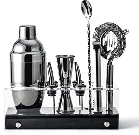 WLCNYL Juego de coctelera de 10 Piezas con Soporte de acrílico, Juego de Herramientas de Barra de Acero Inoxidable Profesional, Kit de coctelera Experiencia de Mezcla de Bebidas,