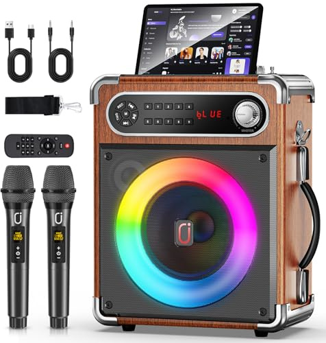 Karaoke Machine with 2 Wireless Microphones,【Upgraded 6.5Woofer & 2Tweeter】Portable Bluetooth 5.3 Karaoke Speaker, PA System with Bass/Treble/Echo Adjustment, Supports USB/AUX/TF/TWS for Home Party