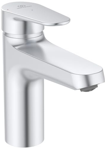 Ideal Standard Alu+ Waschtischarmatur, Auslaufhöhe 99 mm, wassersparender Wasserhahn Badezimmer, mit Ablaufgarnitur, frei von Chrom & Nickel – Silber (46 x 156 x 160 mm)