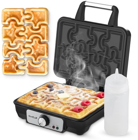 Puzzle Waffle Maker by StarBlue – Fun Playful Puzzle-Shaped Waffles | Includes Squeeze Bottle for Easy Filling | Non-Stick & Cool-Touch Design | Great for Kids, Parties & Gifting | 120V 60Hz 1080W