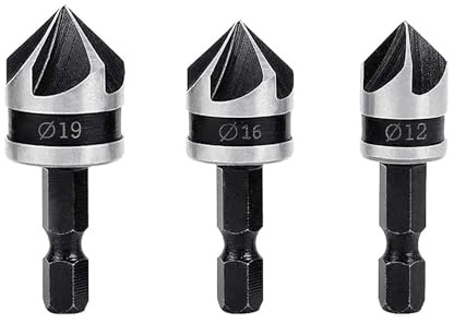 3 PCS countersink drill bit, 1/4 Inch Hex Shank 5 Flute 90 Degree Chamfering Countersink Drill Bit Set, for Wood, Countersink Bits, for Wood Plastic Aluminium Chamfering (12mm, 16mm, 19mm)