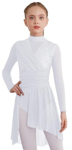 dPois Vestido De Patinaje Artístico Niñas Maillot De Ballet Manga Larga Leotardo Gimnasia Rítmica Traje Bailarina Actuación Blanco 5-6 años