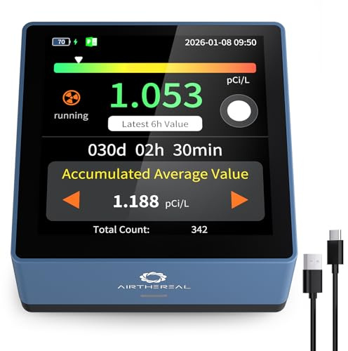 Airthereal Detector de Radón para Hogar, Pantalla Táctil 3.4, Recargable | Para sótano, hogar y oficina. Batería y USB-C, indicador de tendencia y exportación PDF. Semiconductor preciso
