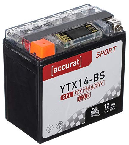 Accurat Motorradbatterie YTX14-BS - 12V, 14Ah, 200A, rüttelfest, wartungsfrei, LCD Display - Starterbatterie, Gel Batterie in Erstausrüsterqualität für Rasentraktor, Roller, Motorrad, Quad