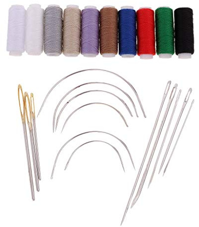 Tenlacum Polster-Reparaturset, 50 m x 10 Farben, extra stark, für Polstermöbel, Jeansfaden und 14 Stück, strapazierfähig, sortiert, Handnähen, Teppiche, Leder, gebogene Nadeln