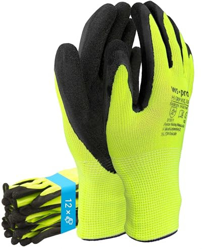 Trevendo Arbeitshandschuhe - WS-Pro Hi-Grip HVL - EN 388 - neongelbe Montage- & Schutzhandschuhe mit Crinkle-Latex-Beschichtung - Profi-Grip, robust & sichtbar - Mehrfachpack - Größe 9, 12 Paar