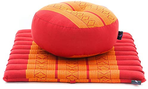 Leewadee set de meditación – Cojín de yoga Zafu y colchoneta de meditación Zabuton, asiento tailandés de kapok ecológico, set de 2, Naranjo Rojo