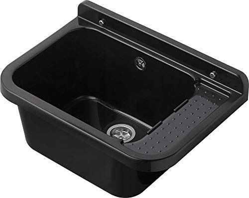 VBChome Ausgussbecken 59 x 34 x 21 cm Schwarz Spülbecken Waschtrog mit Überlauf Waschbecken für Gewerbe Waschraum Garten inkl. Ablaufgranitur