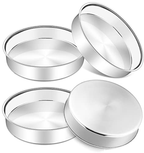 Joyfair Set di 4 teglie rotonde in acciaio inox, da 20 cm, per torte di compleanno, matrimonio, Natale, atossiche e sane, finitura a specchio e lavabili in lavastoviglie (20 cm)