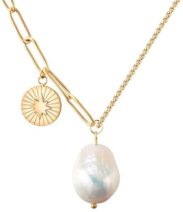 Valero Pearls Damen Kette aus Edelstahl gelbvergoldet mit Barock Süßwasser-Zuchtperle 10 mm weiß - Edelstahlhalskette Gelbgold mit Perle und Stern