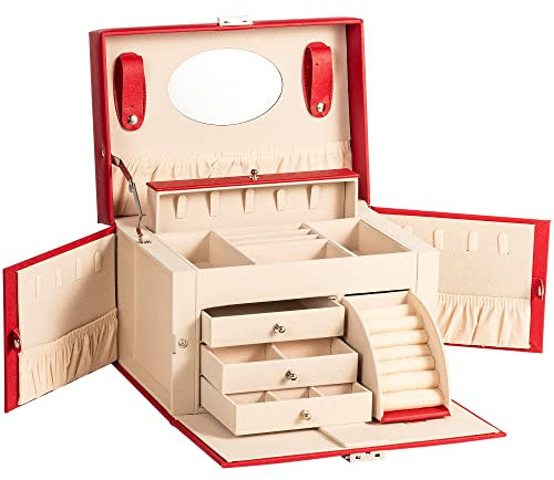 AdelDream Portagioie con manico con specchio richiudibile da viaggio 4 ripiani con 3 cassetti colore rosso