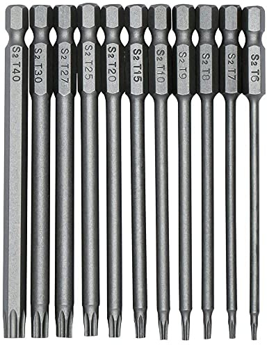 Fixinus 11 Stück Torx lang Schraubendreher Bit Set, 1/4 Magnetischer Sechskantschaft S2 Stahl lange Bohrer, Sicherheits-Torx-Bits T6-T40, 100 mm Länge