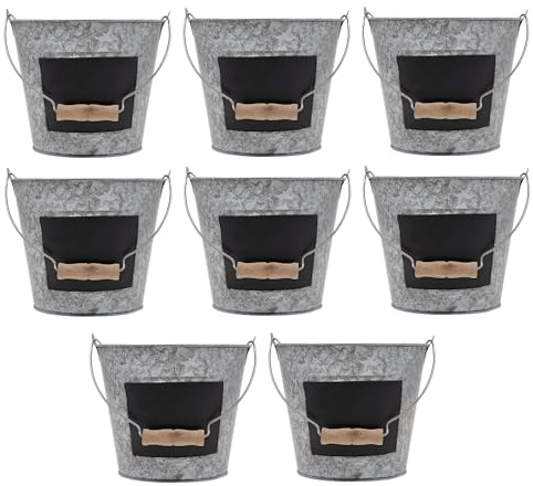 Hosley Galvanized Metal Chalkboard Bucket with Wooden Handle 7 Inch Dia – Set of 8 Rustic Farmhouse Floral Planter, Ideal for Home Décor, Office, Party, Wedding, Indoor, Outdoor or Tabletop Décor