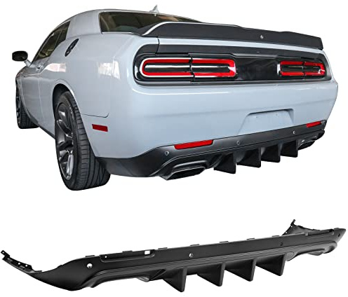 IKON MOTORSPORTS, Rear Diffuser Compatible with 2015-2023 Dodge Challenger, IKON V1 Style Matte Black PP Rear Bumper Lip Spoiler Diffuser Shark Fins, 2016 2017 2018 2019 2020 2021