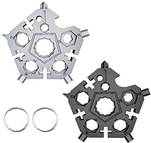 Aokelily 2PCS 23-en-1 Multi-outils portatifs en acier au carbone avec porte-clés, Outil à main portable, l'aventure, le camping, le voyage et les outils de tous les jours (noir + argent)