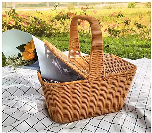 Cestino da picnic intrecciato a mano con manico robusto e ampio spazio di archiviazione, cestino leggero per alimenti e bevande con coperchio, contenitore da picnic in plastica per picnic all'aperto,