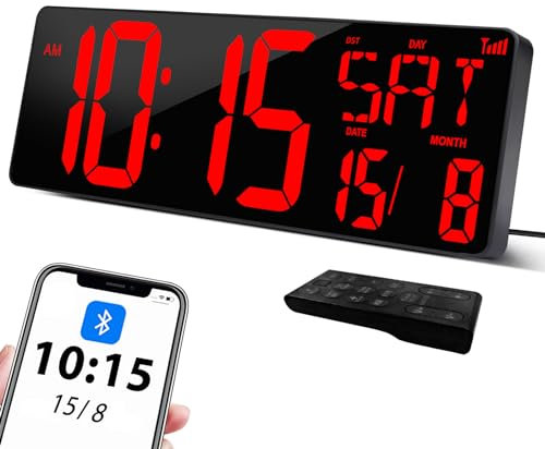 XREXS 17'' Wanduhr Digitale Groß, Bluetooth Automatische Kalibrierungszeit, Helligkeit und Ton einstellbar, Wanduhr Digital Uhr, Wanduhr mit Uhrzeit/Datum/Temperatur für Haus, Küche, Klassenzimmer