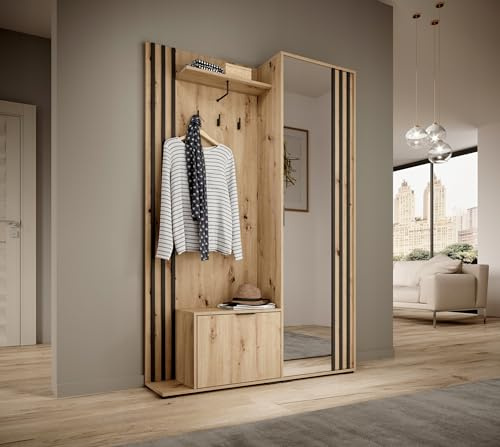 Generisch Garderobe-Set Kelly Kleiderständer Garderobe Schrank Schuhschrank Spiegel (Eiche Artisan)