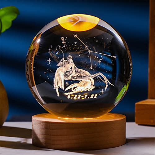 Besot Laser Gravé Signe du Zodiaque Cristal Balle Miniature 3D Cristal Artisanat Décoration en Verre Sphère Décoration de La Maison Accessoires Cadeau (Cancer, 3.15 inches)