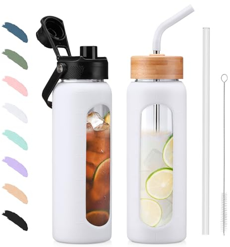 BLUEGO 700ml Botella de agua de vidrio con popote y 2 tapas Taza de café de vidrio con marcador de tiempo y protector de silicona Vaso de vidrio para bebidas Refresco Cola Sin BPA, Blanco