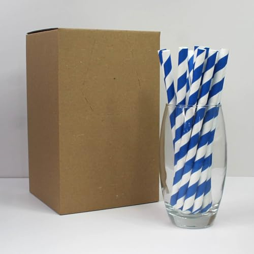 Blau-weiß gestreifte Papierstrohhalme mit abgeschrägter Spitze (9 mm x 200 mm), Packungsgröße 200 Stück, perfekt für Slushies, Milchshakes und Smoothies, FSC-zertifiziert, lebensmittelecht, biologisch