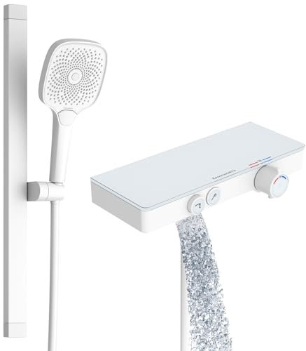 Rainsworth Sistema de ducha con termostato y estante de cristal, color blanco, juego completo con 3 tipos de chorro, barra de ducha de aluminio de 60 cm