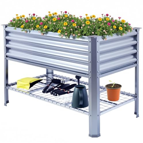 Hochbeet mit Beinen aus Metall 120×60×80 cm Hochbeet mit Ablage Galvanisiert Pflanzkasten Hoches Gartenbeet für Gemüse Blumen Kräuter (120×60×80 cm, Metall, mit Ablage)